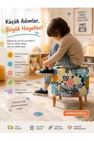 Diday Baykuş Puf Trend Puf Koltuk Puff Bench Dekoratif Bohem Doğal Gürgen Ayaklı Çok Amaçlı Bahçe Ev Balkon Çok Renkli