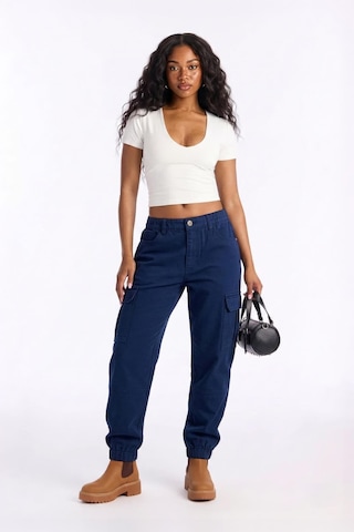 Kadın Kargo Cep Beli Lastikli Slim Fit Lacivert Jean Pantolon Lacivert