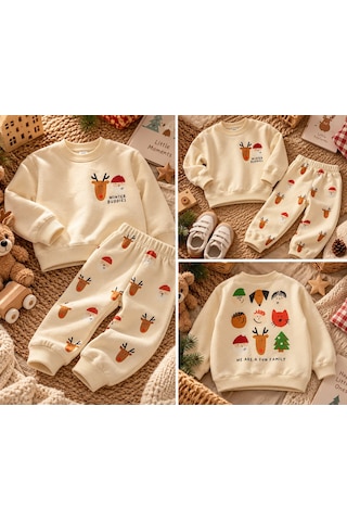 Lolliboomkids Krem Renk Winter Buddies Baskılı Alt Üst Takım Eşofman - Sweatshirt