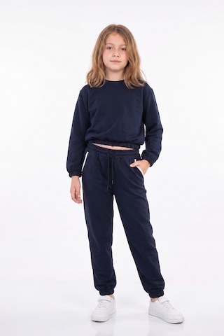 Panios Kids 2'li Yuvarlak Yakalı Beli Lastikli Crop Kesim 4 Parça Kız Çocuk Alt Üst Eşofman Takımı Mavi-lacivert