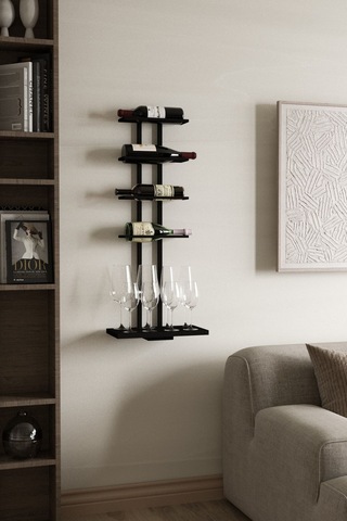 Aju Şaraplık Ve Kadeh Rafı Duvara Monte Şarap Mahseni Modern Duvar Alkol Rafı Metal Ve Ahşap Tasarım Siyah