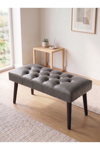 Modern Kapitoneli Gri Deri Kumaş Bench Puf Oturma Bankı Ahşap Siyah Ayaklı Demonte 90x45