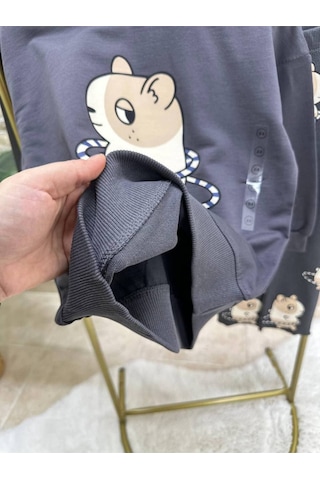 Kız Çocuk 2 İplik Kumaş %100 Pamuklu Sevimli Sincap Baskılı Alt-üst Takım Gri