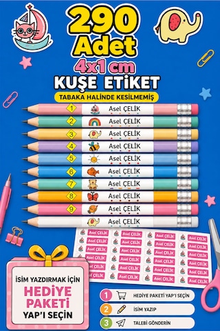 Okul Etiketi Kalem Defter Etiketi Özel Isim Yazılabilen Etiket Seti - Isim Etiketi 290 Adet Tabaka Şeklinde Çok Renkli