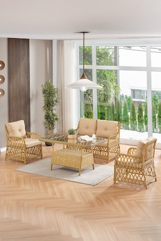 Roma Rattan Bahçe Balkon Takımı 2+1+1 Cam Masalı Cappuccino