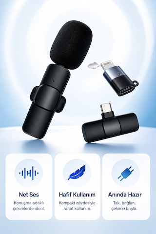 Kablosuz Yaka Mikrofonu Telefon İçin Usb-c Lightning Adaptörlü Kompakt Kayıt Cihazı