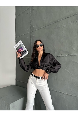 Kadın Oversize Siyah Renk Saten Gömlek-siyah Siyah