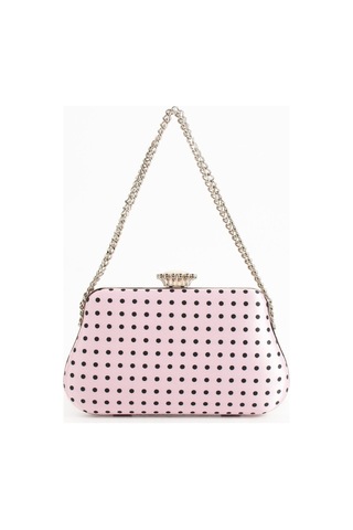 Lebibe Shoes Polkıa Pembe Saten Kumaş Puantiye Desenli Zincir Askılı Klips Kapamalı Clutch Çanta