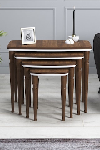 Imaj Mdf Ve Lake Boya, Ceviz-beyaz 4lü Zigon Sehpa Takımı, Ceviz Gürgen Ayaklar Sehpalar Ceviz-beyaz Ayaklar Ceviz