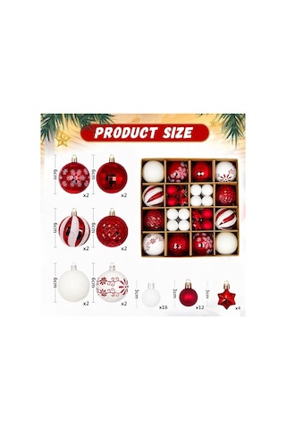 Moveevo 44 Adet 3-6 Cm Plastik Noel Topu, Elektroplated Kırmızı-beyaz Renkli, Ağaç Dekorasyon Aksesuarı Karton Kutuda