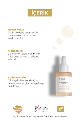 Sinoz Koyu Leke Karşıtı Arbutin Cilt Serumu (Niacinamide 5% + Alpha Arbutin 2%) 30 ML