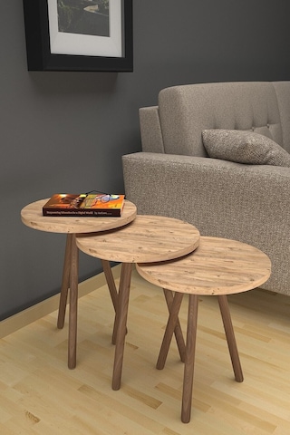 Fahrettin Küçük Zigon Sehpa Ahşap Ayaklı Çam 3'lü Yuvarlak Zigon Çam 33 x 33 Atlantik Çam