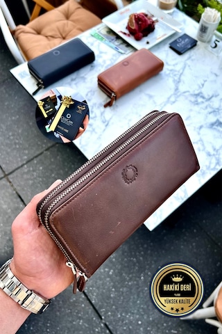 Tigan Unisex Antik Kahve Çift Fermuarlı Hakiki Deri Telefon Cüzdanı El Çantası Kahverengi