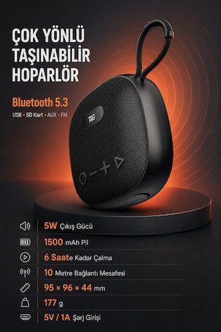 Bluetooth Kulaklıklı Taşınabilir Hoparlör 5w Usb Sd Aux Fm 1500 Mah Kablosuz Speaker Bluetooth V5.3