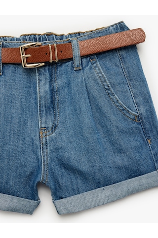 Koton Yüksek Bel Katlamalı Kemer Detaylı Denim Şort Orta İndigo 6skg40126ad