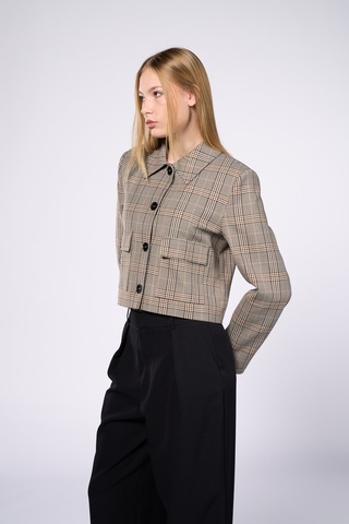 Thalure Kadın Kahverengi Ekoseli Crop Blazer Kahverengi