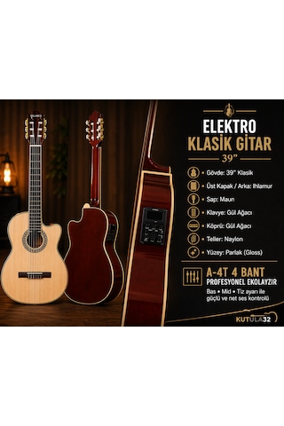 Qcg2303n Elektro Klasik Gitar 39 4 Bant Ekolayzırlı, Gül Ağacı Klavye Full Set: Askı, Tel, Pena, Capo, Tuner, Temizleme Bezi Hediye Natürel