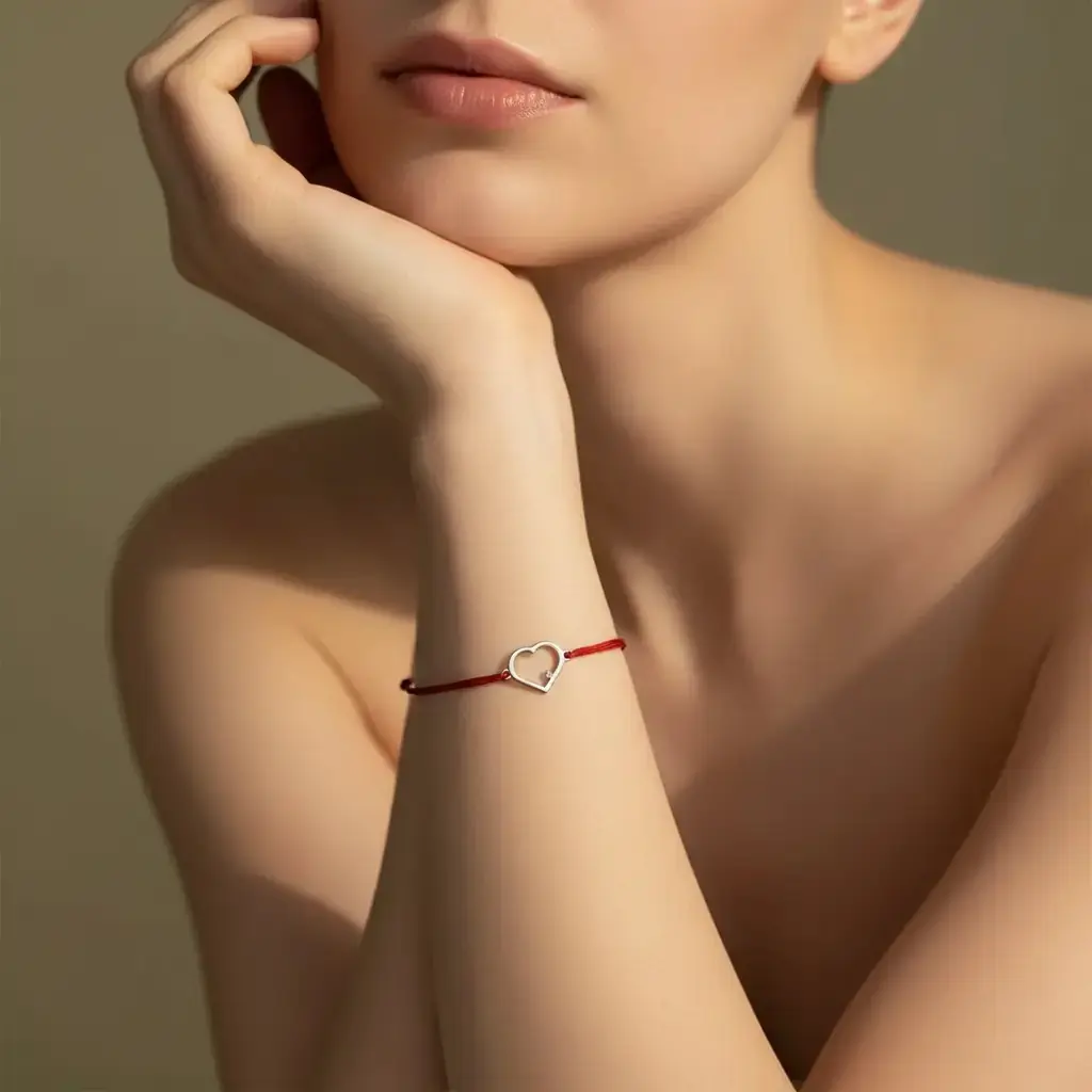 G&a Jewels - Kalp - 925 Ayar Gümüş 0.01ct Pırlanta Taşlı Kırmızı İpli Bileklik Gümüş - Kırmızı