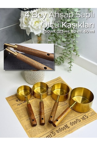 4 Lü Ahşap Saplı Ölçü Kaşığı Seti 250/125/80/60 Ml Paslanmaz Metal Sarı