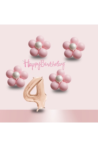 4 Yaş Pembe Papatya Temalı Rosegold Rakam Pembe Happy Birthday Banner Doğum Günü Süsleme