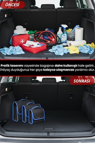 3'lü Cırtlı Keçe Kumaş Oto Bagaj Çantası Geniş Hacimli,dayanıklı,araç İçi Düzenleyici Mavi Kenar