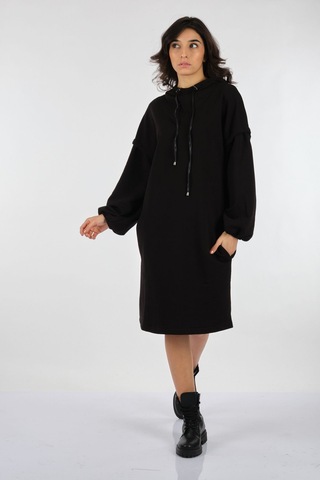 Unique Mode Oversize Kapüşonlu Balon Kol Midi Elbise - Günlük Şıklık Siyah