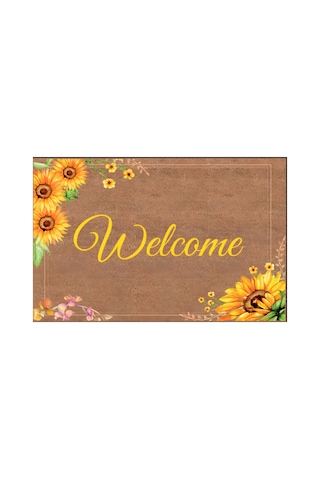 Kapı Önü Paspası Kaymaz Ağır Tabanlı Ayçiçeği Desen Welcome Dekoratif , Kolay Temizlenir 45x70 Cm Kod T3 Kahverengi