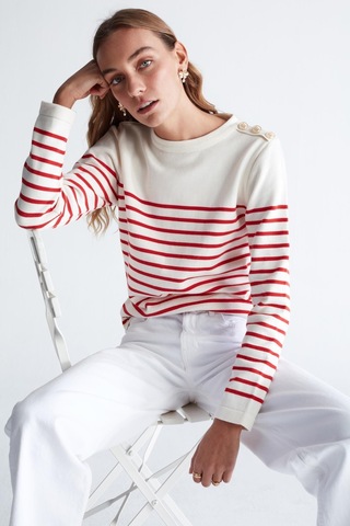 Styleboom X Peraluna Audrey Pullover Omzu Düğmeli Çizgili Organik Pamuk Mevsimlik Kadın Triko Kazak Ekru/kırmızı-ekru Ekru