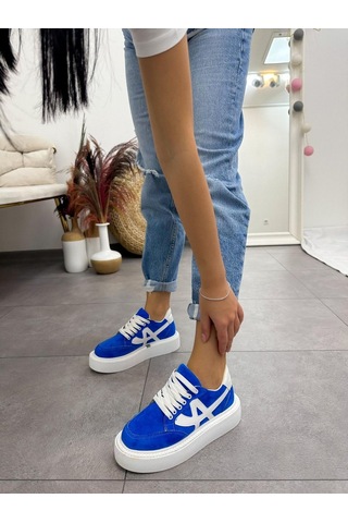 Erva'nın Butiği Mavi Beyaz Tig Kadın Bağcıklı Sneakers-4892 Mavi Beyaz Süet