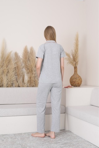 SUDE HOMEWEAR Gri Renk Biyeli Pamuklu Uzun Kol Pijama Takımı Gri