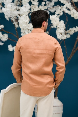 Paul Martin Regular Fit Gizli Düğmeli Yaka %100 Linen Ham Keten Gömlek Kiremit