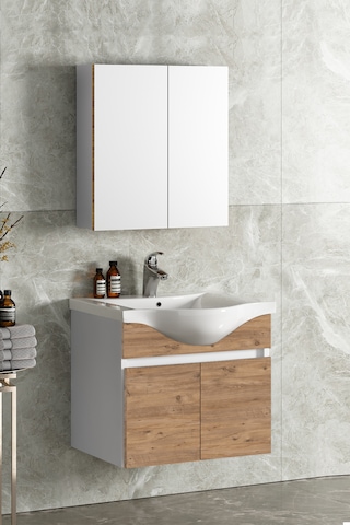 Yıldız 55 Cm Beyaz-atlantik Mdf Lavabolu Asma Banyo Dolabı Takımı Beyaz - Atlantik Çam