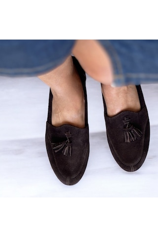 Ne&ve Shoes Kahve Süet Hakiki Deri Püsküllü Kadın Loafer Ayakkabı Kahverengi