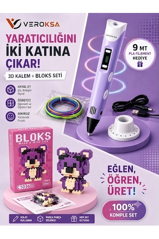 3d Kalem + 156 Parça Bloks Seti Mor Hayal Gücünü Gerçeğe Dönüştür Ayıcık