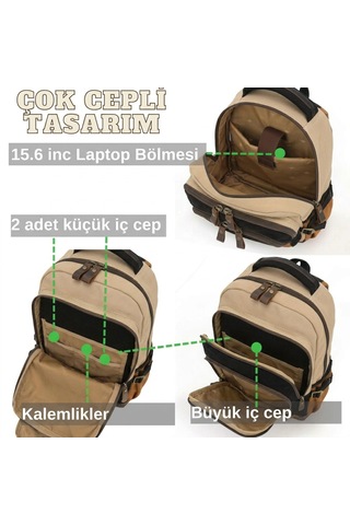 Cappadocia Vintage 4022 Vintage Sırt Çantası, 15.6 İnç Bilgisayar Bölmeli, Geniş Hacimli Hakiki Deri Detaylı Pamuklu Okul Ve Seyahat Çantası Krem Siyah