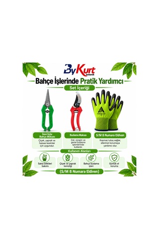 Bahçe Bakım Seti Üçlü Budama Makası Hasat Makası Eldiven 3 Parça - S/m / Yeşil