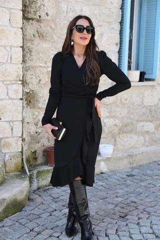 Zenna Tarz Krep Kumaş Midi Boy Kuşaklı Uzunkol Elbise 113 Cm Siyah