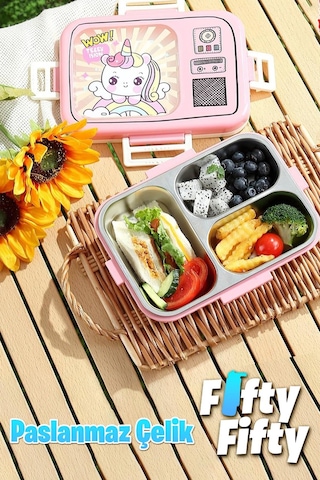 Vagonlife Lunch Box 820 Ml Tek Kat Üç Bölmeli Sos Kaseli Yeni Nesil Sefer Tası-fflbox10283 Pembe