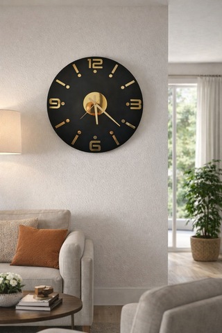 Dekoratif Ahşap Duvar Saati Ahşap Siyah Üzeri Gold Pleksi Mobilya Renk Desenli Hediyelik Sessiz Duvar Saati 45 Cm Gold - Siyah