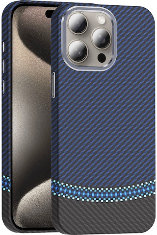 Apple Uyumlu iPhone 15 Pro Max Kılıf M-safe Şarj Özellikli Karbon Fiber Görünümlü Zore Gros Kapak Siyah-lacivert
