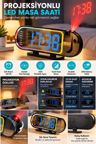Şık Tasarımlı Led Masa Saati Dijital Ekran Alarm 12 24 Saat Ve Sıcaklık Göstergeli Diğer