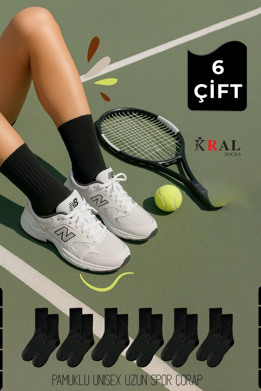 Unisex Siyah 6 Çift Pamuklu Tenis Spor Uzun Soket Boy Çorap Siyah