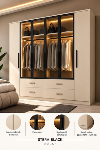 Free Home Stera Black Kum Beji Mdf Gardırop Elbise Dolabı 240x218x57 Kumbeji