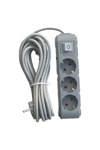 3lü Anahtarlı Grup Priz 5 Metre 16a 250v, Üçlü Topraklı Uzatma Kablosu 5 Metre Gri Renk 0