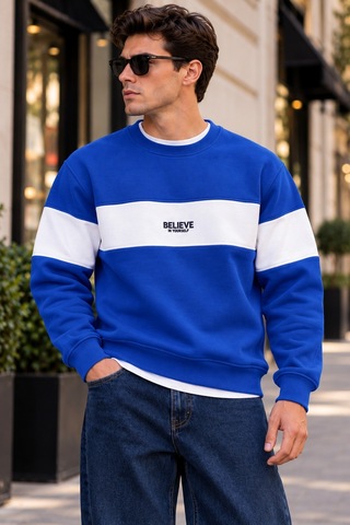 Cool Tarz Erkek Şerit Detaylı Believe Baskılı 3 İplik Şardonlu Bisiklet Yaka Sweatshirt Saks Saks