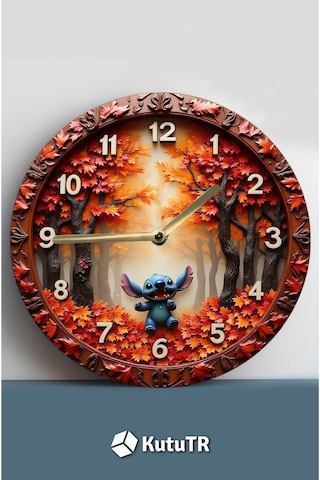 3d Görünümlü "stitch İle Sonbahar" Mdf Duvar Saati Sdw323 Renkli