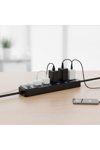 2 Mt Kablolu Power Tuşlu Isıya Dayanaklı 5'li Grup Priz Uzatma 2x Usb 2x Type-c Çıkışlı Priz Uzatma 2 M