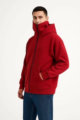 Samuray Ninja Çift Kapşonlu Zıp Fermuarlı Kanguru Çepli Tam Fermuarlı Hoodie Swetshirt - Kırmızı Kırmızı