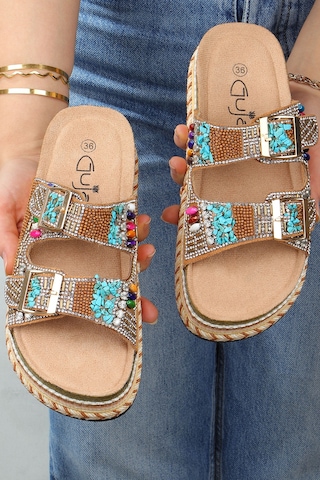 Guja 25y103 Kadın Mantar Platform Taban Taşlı Çift Tokalı Comfort Terlik Camel Fuşya