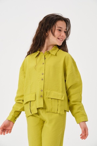 Genç Kız Çocuk Cepli Uzun Kollu Gömlek Fıstık Yeşil